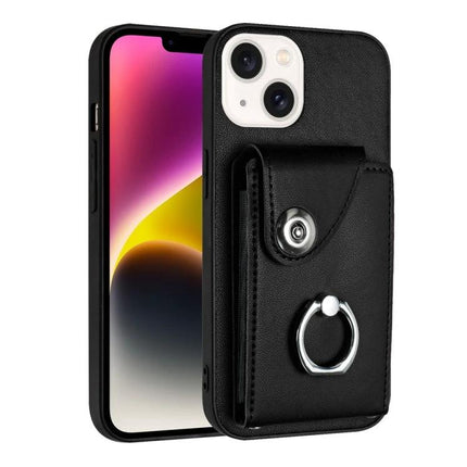 Organ Card Bag Ring Holder Wallet Case For IPhone 15 14 Plus 14 14 Pro black PU wallet case with ring holder and six card slots shown on iPhone