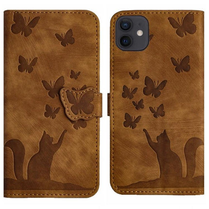 Stylish Flip Leather Phone Case With Card Slots brown PU leather wallet case with embossed cat and butterflies, card slots, TPU bumper, camera cutout