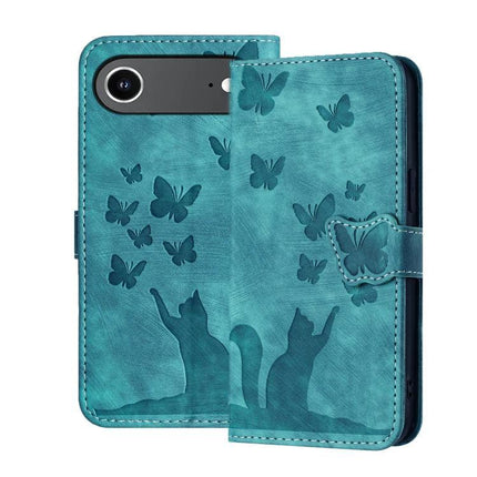 Butterfly Embossed Leather Phone Case For Everyday Carry teal wallet-style case with embossed butterflies and cat silhouettes, card slots visible