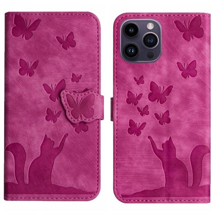 Leather Flip Phone Case With Card Slot For Daily Use - pink embossed cat and butterflies PU leather wallet case with TPU shell