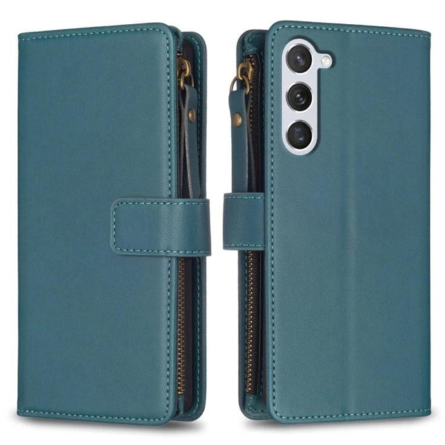 Leather Flip Wallet Case for Everyday Phone Storage in teal PU leather with zipper pocket, 9 card slots, TPU frame and built-in stand
