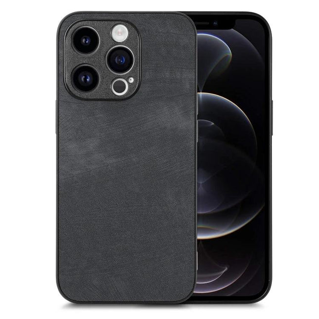 Vintage Leather Phone Case For Everyday iPhone Protection - slim black leather TPU case showing back and front of iPhone