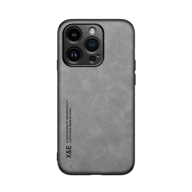 Magnetic Leather Phone Case for Everyday Travel Protection gray TPU back with camera cutout, magnetic mount compatible, slim non-slip grip