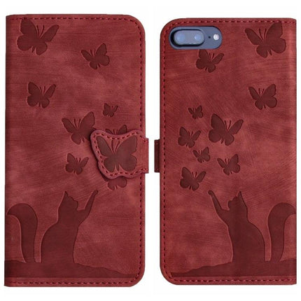 Butterfly Leather Flip Case With Card Slot in red PU leather wallet style with embossed butterflies and cat silhouette, card slot and magnetic closure