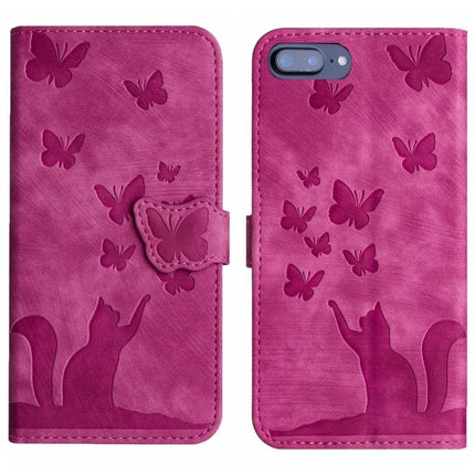 Butterfly Leather Flip Case With Card Slot in pink embossed butterfly and cat design, TPU frame, card slot wallet phone case