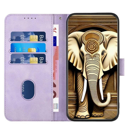 YX0060 Elephant Head Embossed PU Leather Case Lanyard For iPhone 15 Pro Max - purple wallet folio with elephant design, card slots, stand and lanyard