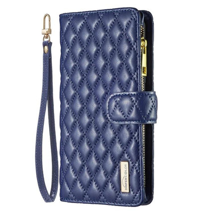 Versatile Flip Case With Card Slot blue quilted PU wallet case with wrist strap, zipper cash compartment and slots for up to six cards