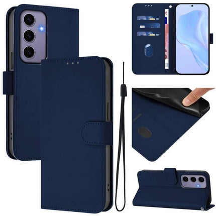 Leather Phone Case With Lanyard For Daily Carry And Easy Viewing On The Go For Commute - navy PU leather wallet case with card slots, stand and wrist strap