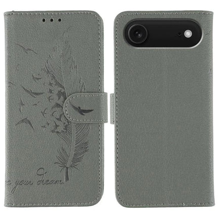 Leather Phone Case for Everyday Protection and Storage with grey feather-embossed folio design, card slots and magnetic closure