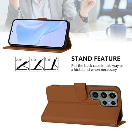 Leather Phone Case With Lanyard For Daily Essentials shown in brown PU leather wallet style with stand, card slots, cash pocket and hands-free lanyard