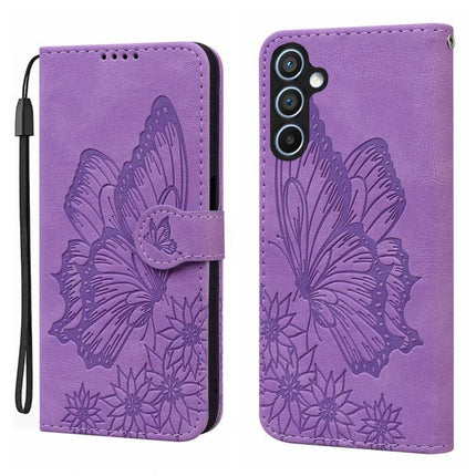 Leather Flip Case for Everyday Phone Protection in purple PU leather with embossed butterfly design, card slots and wrist strap