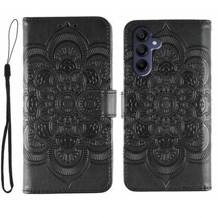 Sun Mandala Leather Case For Samsung Phones - black PU leather wallet case with embossed sun mandala, built-in stand and wrist strap