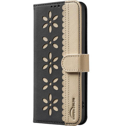 RFID Leather Wallet Case For Samsung Galaxy S23 Series Hollow Flower Pattern black and beige splicing color with cutout flower design and kickstand