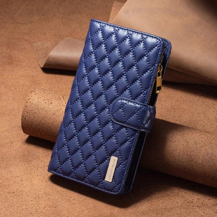 Versatile Flip Case With Card Slot - navy quilted PU wallet case with zipper cash compartment and six card slots