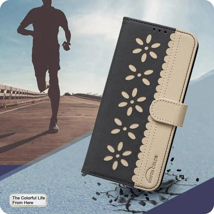 RFID Leather Wallet Case For Samsung Galaxy S26 Ultra 5G With 3 Card Slots - black beige splicing hollow flower pattern PU leather with kickstand