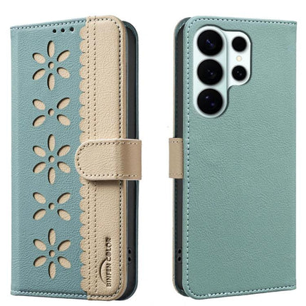 RFID Leather Wallet Case For Samsung Galaxy S26 Ultra 5G With 3 Card Slots - teal tan splicing color hollow flower pattern PU leather wallet case with kickstand