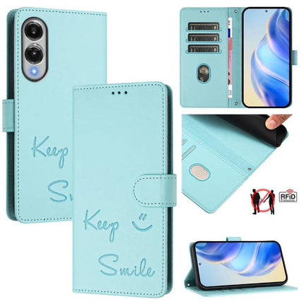 Smile Embossing Leather Phone Case With Card Holder For Everyday Carry On The Go - aqua wallet case with 3 card slots, cash pocket, RFID block