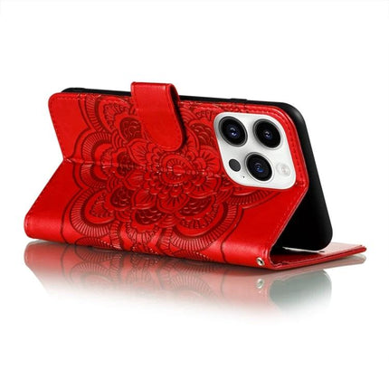 Sun Mandala Leather Case for Everyday iPhone Protection in red PU leather with wallet, card slots and stand shown propped horizontally