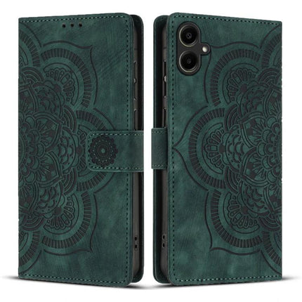Leather Phone Case For Everyday Carry in green embossed mandala wallet style with card slots and protective folio