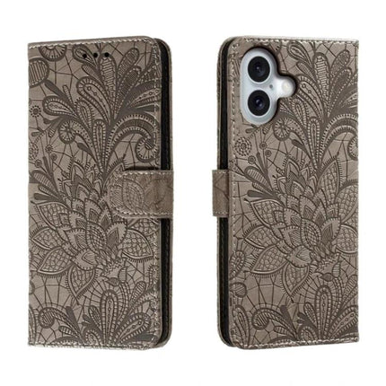 Leather Flip Case for iPhone Everyday Protection - taupe embossed floral leather flip case with 360-degree coverage and built-in stand