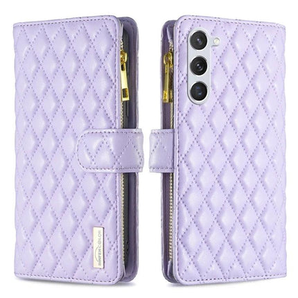 Versatile Flip Case With Card Slot in lavender quilted PU leather with zipper pocket and magnetic strap, holds cards and cash, protective TPU interior