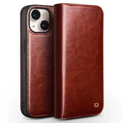 QIALINO Classic Leather Phone Case For Everyday Protection - brown leather folio case with built-in horizontal stand for videos and hands-free viewing