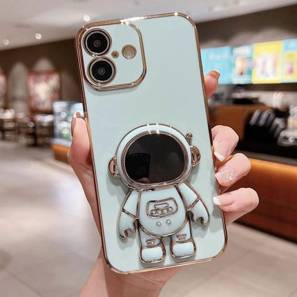 iPhone Case With Astronaut Stand For Hands-Free Video Watching showing mint electroplated soft shell with 3D astronaut stand folded out