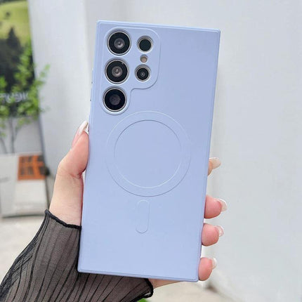 Samsung Galaxy Silicone Case For Everyday Protection in pastel lavender on phone showing camera cutouts and wireless charging compatibility