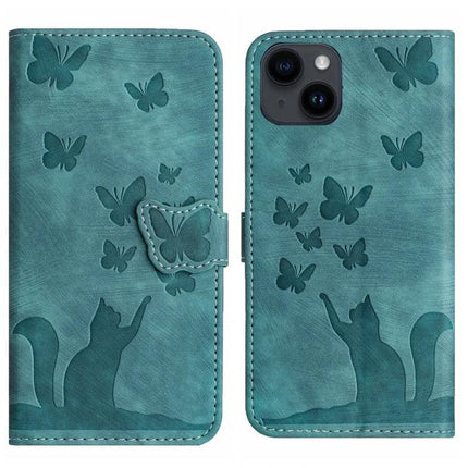 Butterfly Embossed Leather Flip Case for Daily Phone Protection in teal with cat and butterfly design, card slots and kickstand