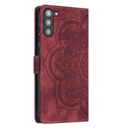 Leather Phone Case With Card Storage For Everyday Use - red embossed wallet-style PU leather phone case with card slots and TPU core