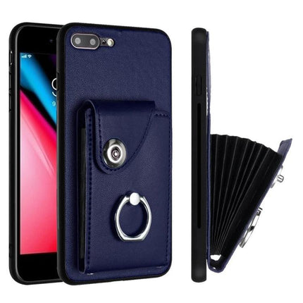 Organ Card Holder Case For iPhone 8 Plus 7 Plus With Ring Stand And 6 Card Slots - navy PU wallet case with ring stand and 6 card slots
