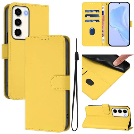 Leather Phone Case With Lanyard For Daily Essentials - yellow PU leather wallet case with card slots, magnetic clasp, wrist lanyard and phone stand