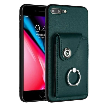 Organ Card Holder Case For iPhone 8 Plus 7 Plus With Ring Stand And 6 Card Slots - green PU wallet case with ring stand and six card slots