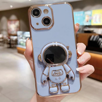 Astronaut Phone Case With Stand For Hands-Free Viewing showing light blue phone case with 3D astronaut stand and gold trim