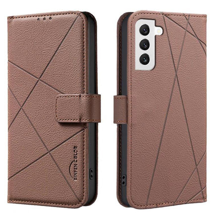 Geometric Pattern RFID PU Leather Case With Card Wallet For Galaxy S21 Series - brown embossed geometric wallet case with RFID protection