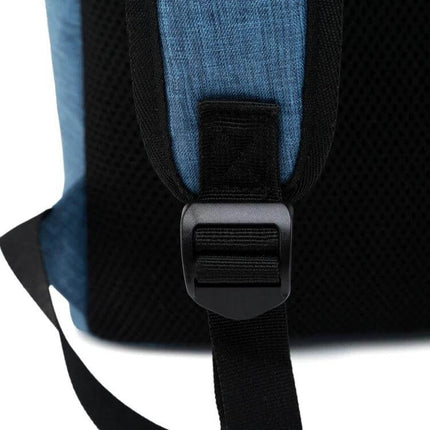 Outdoor Casual Notebook Tablet Backpack With Anti Theft Pocket - close-up of adjustable padded shoulder strap and buckle on blue backpack