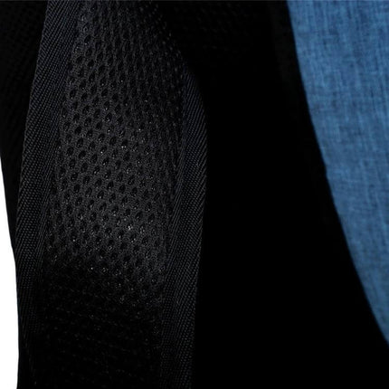 Outdoor Casual Notebook Tablet Backpack With Anti Theft Pocket close-up of padded breathable mesh shoulder strap and blue fabric panel