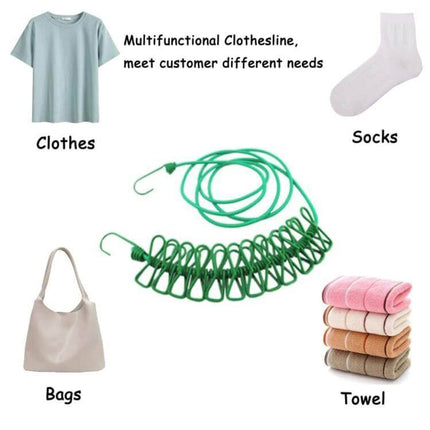 Outdoor Travel Retractable Windproof Clothesline With 12 Clips portable green clothesline with 12 clips hanging socks towels bags and shirts
