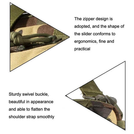 Outdoor Messenger Laptop Bag, Waterproof For Daily Commute showing zipper slider and sturdy swivel buckle close-up on camo 600D oxford fabric