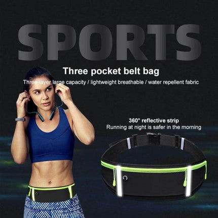 Outdoor Waterproof Belt Bag For 7 Inch Phone Waist Pack - three-pocket water-repellent running waist pack with 360° reflective strips