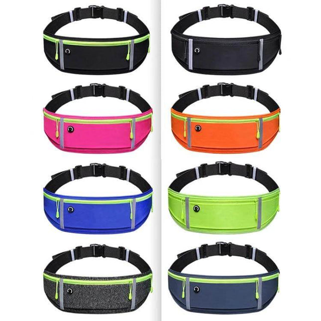 Outdoor Waterproof Belt Bag For 7 Inch Phone Waist Pack in assorted colors showing zip pocket, headphone port and adjustable strap