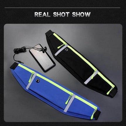 Outdoor Waterproof Belt Bag For 7 Inch Phone Waist Pack - black and blue water-resistant waist packs with neon zippers, headphone port, multiple pockets