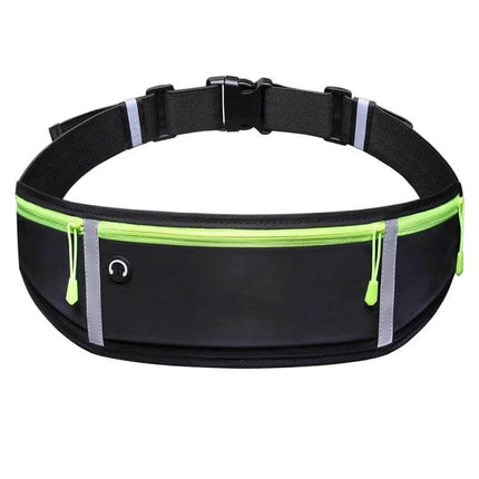 Outdoor Waterproof Belt Bag For 7 Inch Phone Waist Pack – black water-resistant running waist pack with neon zipper, reflective strips and headphone port