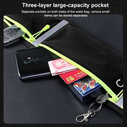 Outdoor Waterproof Belt Bag For 7 Inch Phone Waist Pack showing three-layer large-capacity pocket with phone, cards, cash and key clip