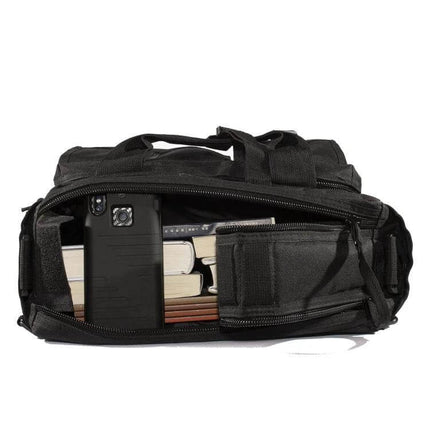 Outdoor Messenger Laptop Bag, Waterproof For Daily Commute packed with laptop, books, charger and phone in open external pocket — 25L waterproof messenger bag