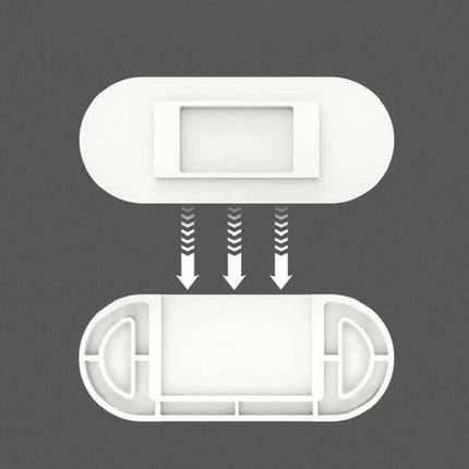Outlet Holder Wall Mount For Sockets And Routers 10x4x0.7cm white ABS wall-mounted compact holder showing top and bottom parts with cable openings