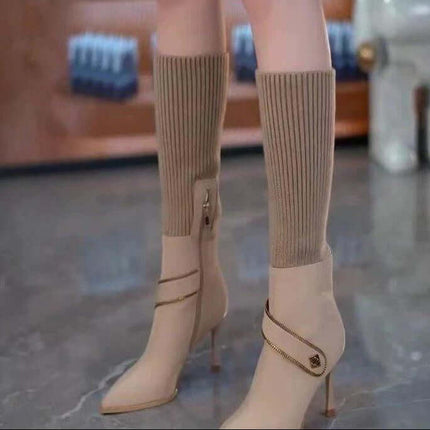 Over-The-Knee Stretch Knit Stiletto Boots For Everyday in apricot knit shaft with pointed toe and side zipper, waterproof thick sole, autumn styling