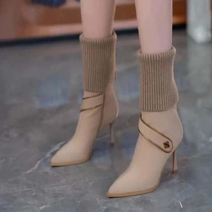 Over-The-Knee Stretch Knit Stiletto Boots For Everyday in apricot with pointed toe, side zipper and ribbed knit shaft for autumn styling