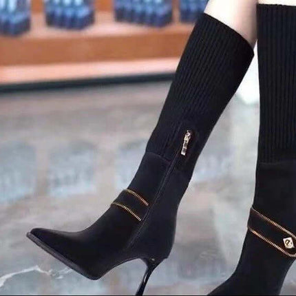 Over-The-Knee Stretch Knit Stiletto Boots For Everyday in black pointed-toe with side zipper, stiletto heel and waterproof rubber sole