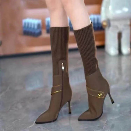 Over-The-Knee Stretch Knit Stiletto Boots For Everyday in dark brown stretch knit with pointed toe, side zipper and waterproof thick sole